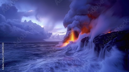 Ocean meets lava on Hawaii's coast, the clash causes steam clouds under a darkening twilight sky photo