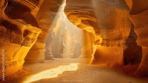 Antelope Canyon's sinuous walls aglow with a dusty sunbeam, showcasing Arizona's rugged beauty