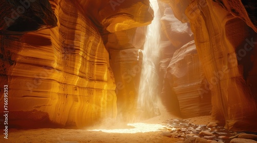 Path of light through Antelope Canyon's narrow slots, emphasizing Arizona's rich and textured rocks