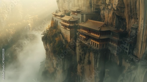 Serene Shanxi cliff monastery bathed in soft sunlight, blending with nature in an ethereal morning mist photo