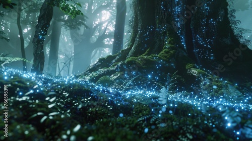 A mystical forest illuminated with green and blue lights. Perfect for magical themed designs