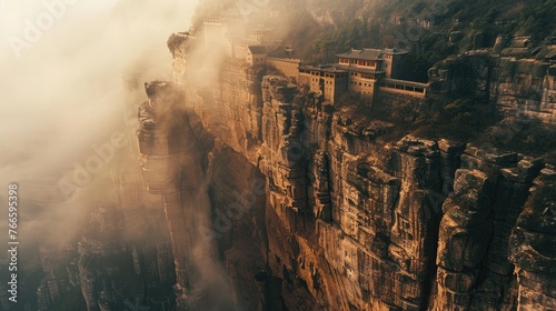 Sunlit Hanging Monastery, cliffside marvel in Shanxi, China, amidst morning mist with a warm, inviting aura