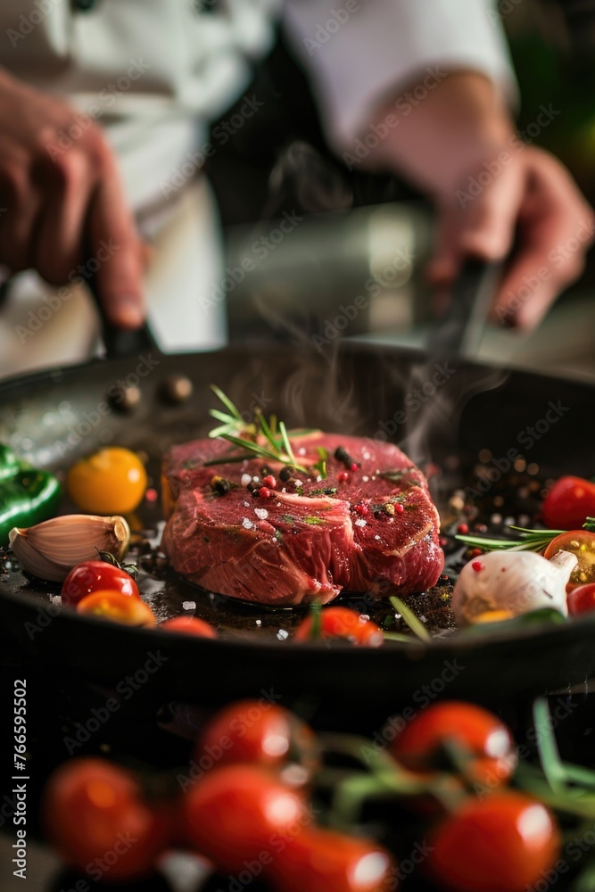 Person cooking a steak in a skillet, perfect for food blogs
