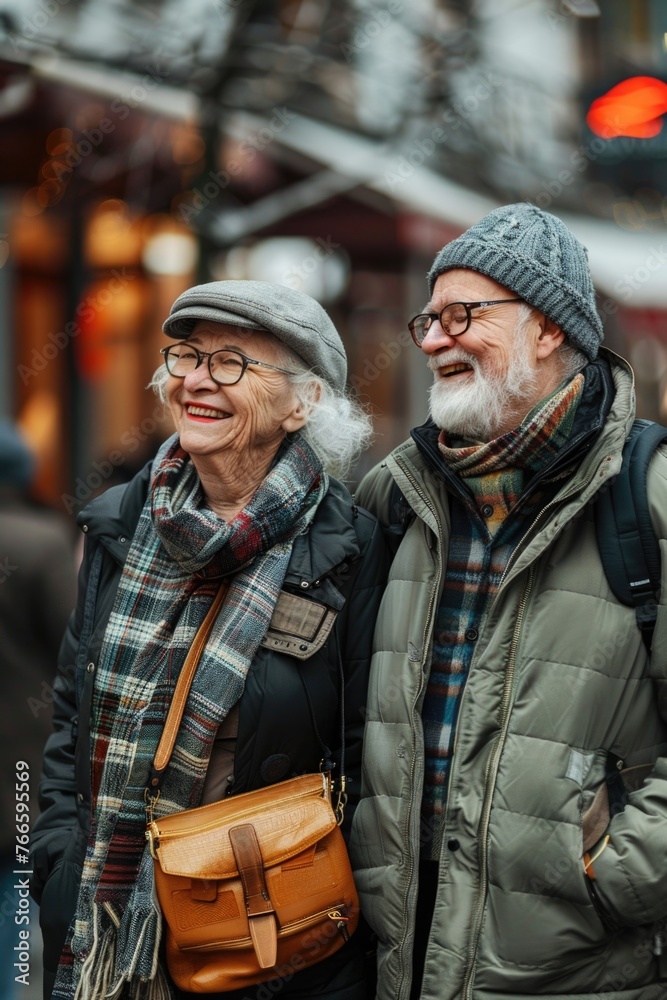 Fototapeta premium A man and a woman walking together on a city street. Suitable for lifestyle and urban themes