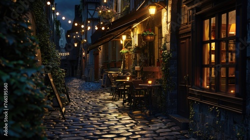 A charming cobblestone street with tables and chairs lit up at night. Ideal for restaurant and outdoor dining concepts