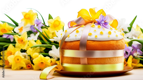 Easter cake with yellow daffodils on a white background. Greeting card on an Easter theme. Happy Easter concept.