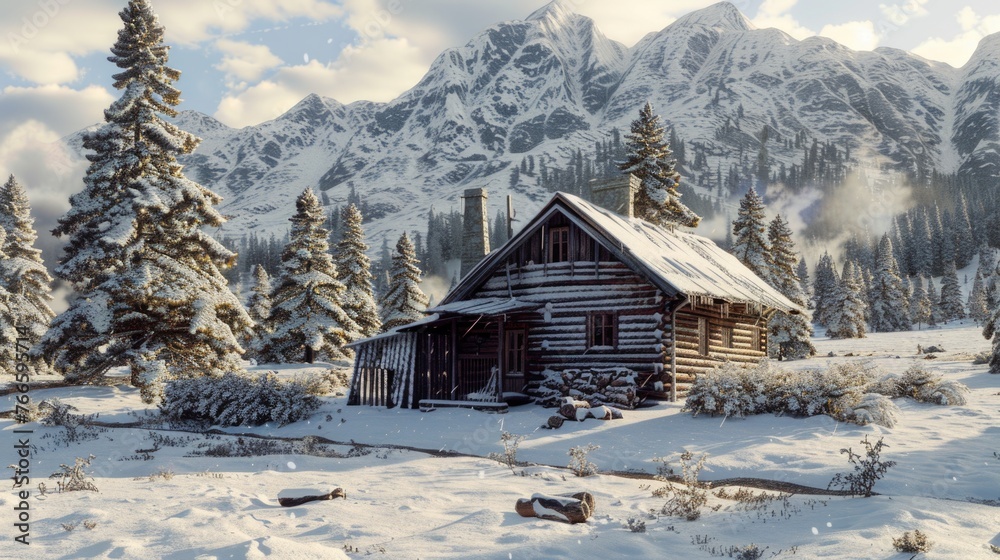 A cozy cabin nestled in a snowy forest, perfect for winter themes