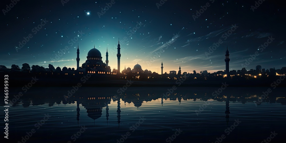 Nocturnal Serenity: Mosque Silhouetted Against the Night Sky. Peaceful Atmosphere Amidst the Darkness, Symbolizing Spiritual Reflection 