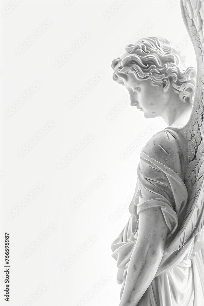 A serene statue of an angel holding a cross. Ideal for religious themes and memorials