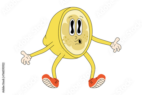 Cartoon retro lemon character. Groovy fruit icon isolated on white.