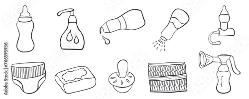 Set of hand drawn baby goods icons. Doodle vector illustration.  Hand gel Moisturizer Lotion Toner Soap Hygiene Spray Pacifier Ear buds Diaper Aspirator Breast pump.
