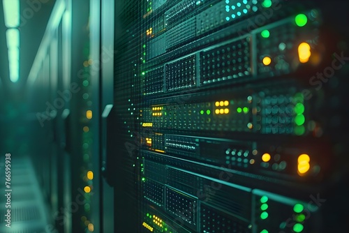 Exploring Cloud Computing Technology: A Closeup of a Server Room with Rows of Servers and Blinking Lights. Concept Cloud Computing Technology, Server Room, Rows of Servers, Blinking Lights