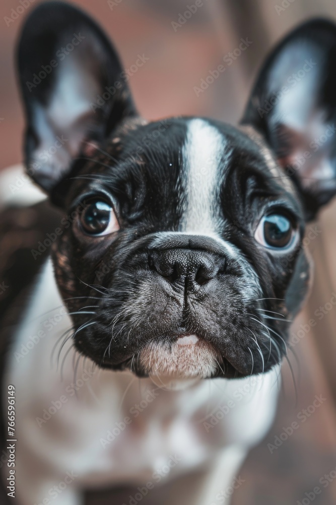 A black and white dog looking up at the camera. Suitable for pet-related designs