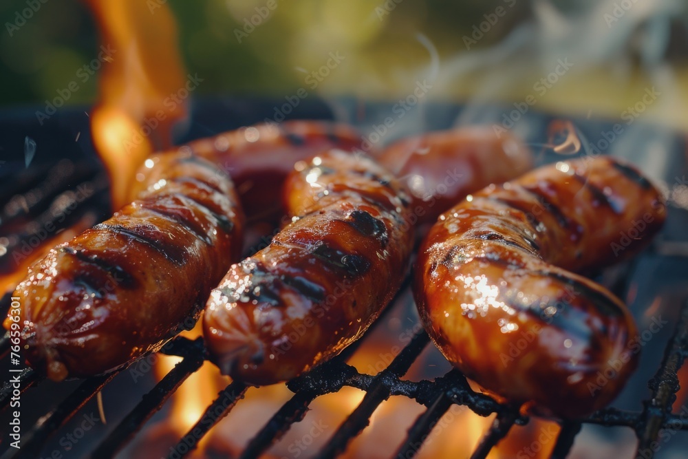 Hot dogs cooking on a grill with flames, perfect for summer BBQs Hot dogs cooking on a grill with flames, perfect for summer BBQs