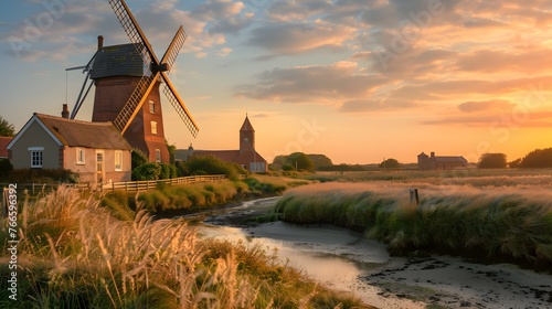 A windmill at Cley Next the Sea, with Blakeney church in the background at sunset.