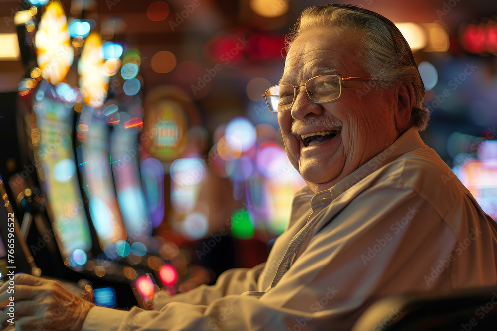 A detailed view of a smiling elderly man at a casino, his face full of hope and excitement as he plays at the slot machines