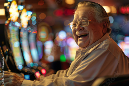 A detailed view of a smiling elderly man at a casino, his face full of hope and excitement as he plays at the slot machines © mila103