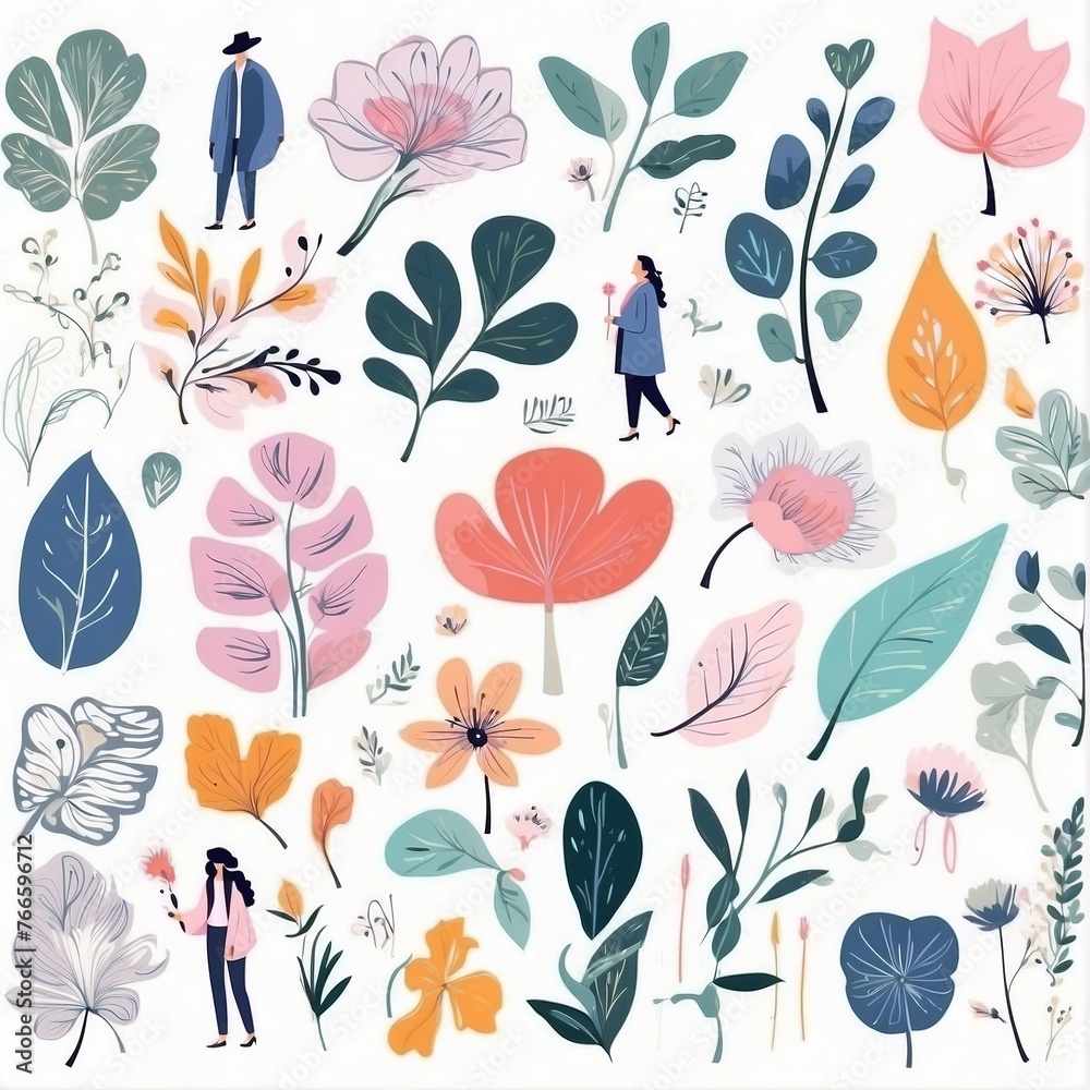 Obraz premium A collection of seamless pattern, colorful abstract plants and flowers. Hand drawn Collection of leaves and flowers. A close up of a pattern of flowers and leaves. 