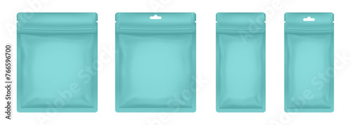 Blue green sachet or pouch. Vector zip bags mockup, foil packs. Cosmetics samples. Sheet face mask	
