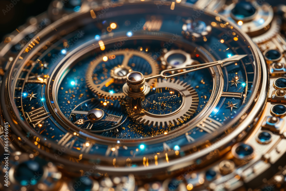 Abstract clock mechanism with gears shaped like celestial bodies, depicting the cosmic orchestration of time. Concept of celestial timekeeping. Generative Ai. Abstract clock mechanism with gears shaped like celestial bodies, depicting the cosmic orchestration of time. Concept of celestial timekeeping. Generative Ai.