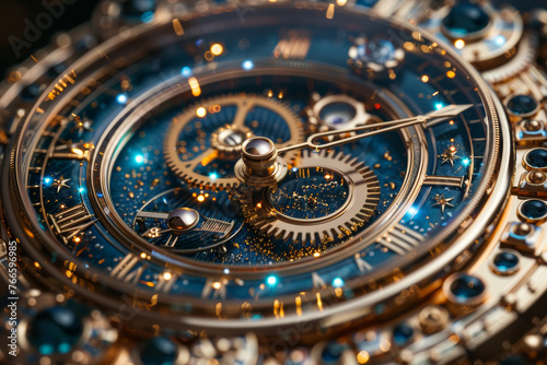 Abstract clock mechanism with gears shaped like celestial bodies, depicting the cosmic orchestration of time. Concept of celestial timekeeping. Generative Ai.