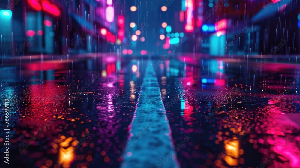 Urban city street at night with vibrant neon lights, perfect for cityscape or nightlife concepts
