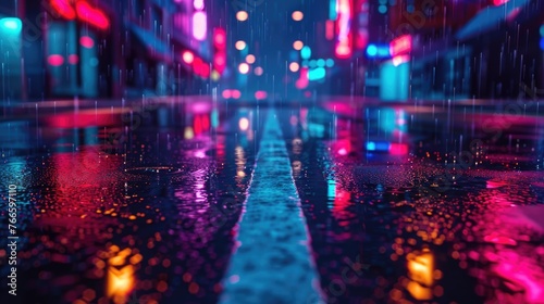 Urban city street at night with vibrant neon lights, perfect for cityscape or nightlife concepts