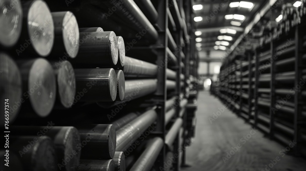 A warehouse filled with lots of metal pipes. Suitable for industrial concepts