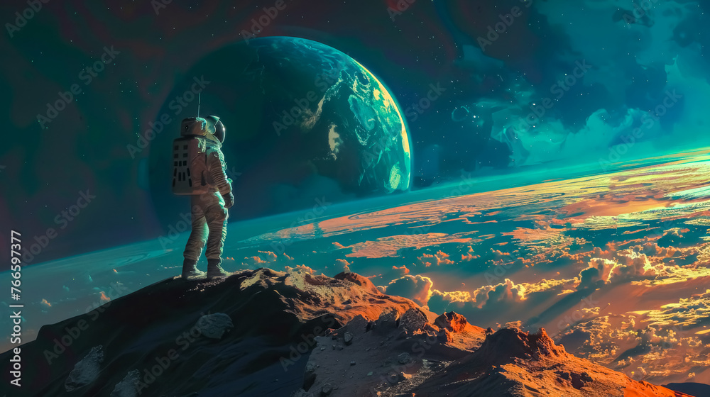 Astronaut contemplating earth from alien planet