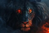Horror lion portrait with glowing red eyes, dark fantasy illustration, digital painting