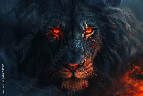 Horror lion portrait with glowing red eyes, dark fantasy illustration, digital painting