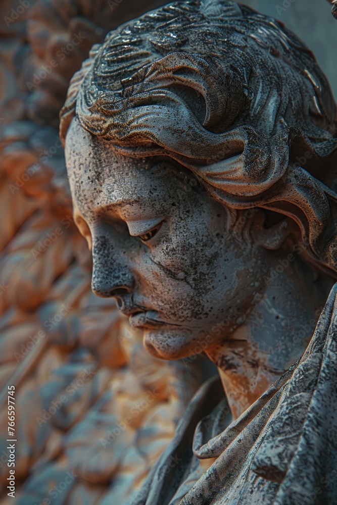 Close-up of a beautiful angel statue, suitable for religious themes or memorial concepts