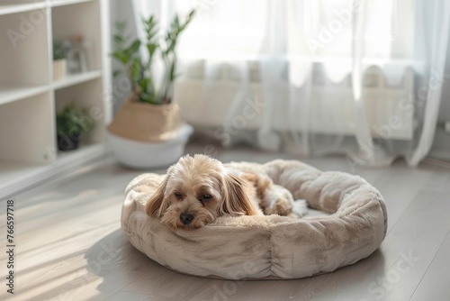 Beautiful dog lying on soft dog bed in home interior