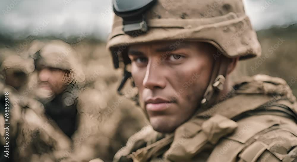 Soldier with mud-stained face. Soldier with mud-stained face.