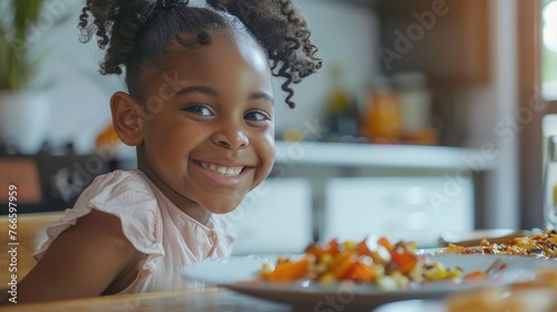 A young girl sitting at a table with a plate of food. Suitable for various food and family-related concepts