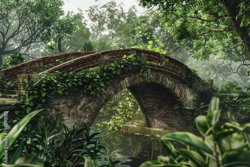 Stone bridge over a small pond, suitable for various outdoor themes