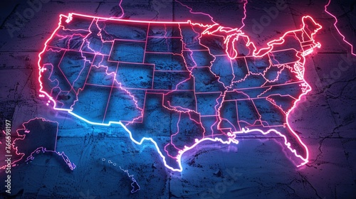 A vibrant neon map of the United States, perfect for educational or travel designs