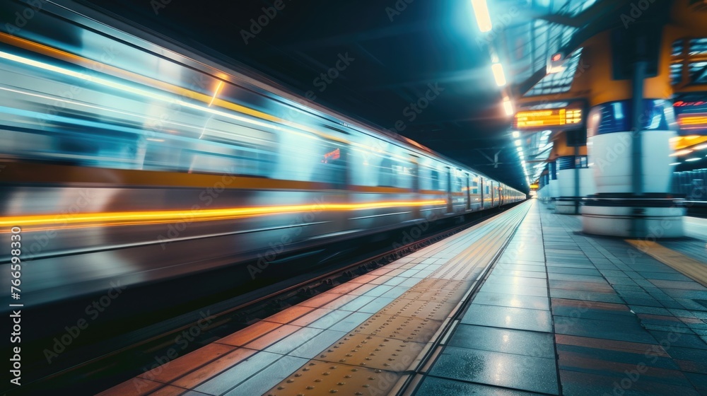 Blurry image of a train approaching on the tracks, suitable for transportation concepts