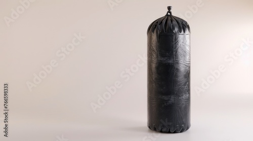 A black punching bag on a white surface, suitable for fitness or sports concept. photo