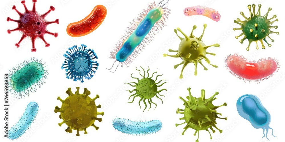 Obraz premium Various types of germs on a clean white background. Suitable for medical and scientific concepts