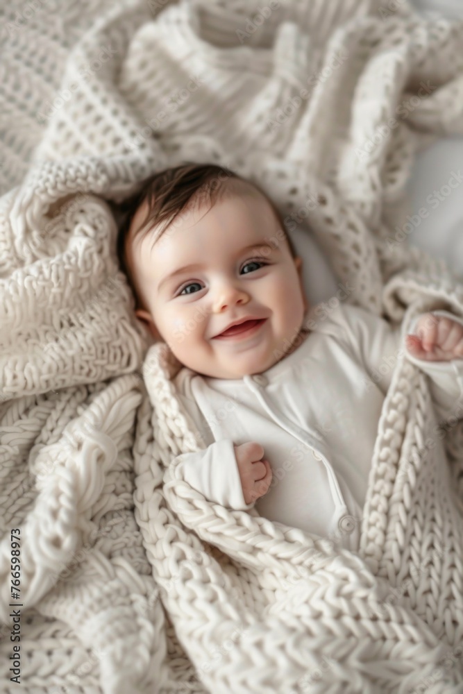 Cute baby wrapped in blanket on cozy bed, perfect for family or parenting concept Cute baby wrapped in blanket on cozy bed, perfect for family or parenting concept
