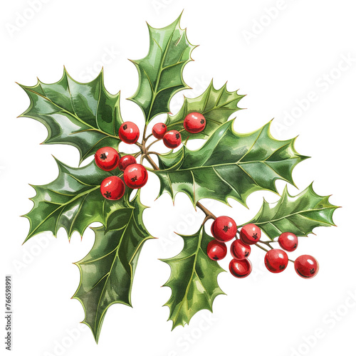 Christmas plant holly isolated on white or transparent background