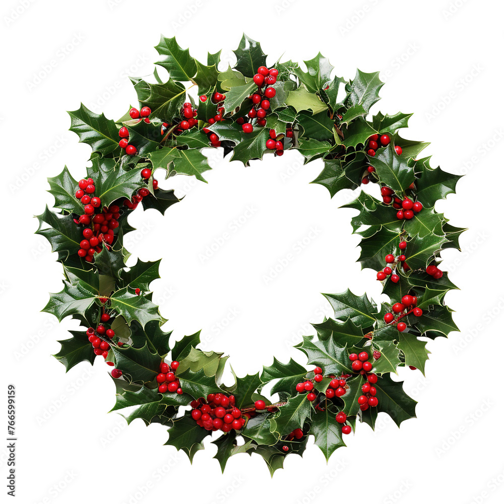 Christmas wreath made of holly isolated on white or transparent background
