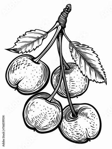 This is a detailed black and white line drawing of a cluster of Bing Cherries with stem and leaves. It is perfect for use in illustrations, logos, and other design projects. photo