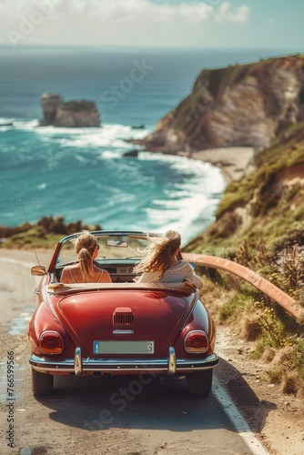 Two women sitting in the back of a red car. Suitable for travel and friendship concepts