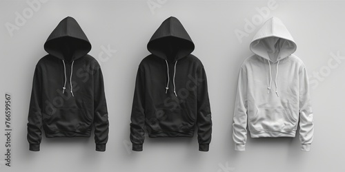 Three hoodies in black and white colors, hanging on a wall. Suitable for fashion and clothing concepts