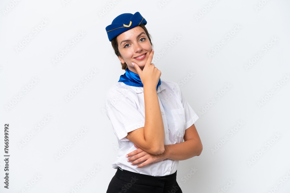 Airplane stewardess caucasian woman isolated on white background smiling Airplane stewardess caucasian woman isolated on white background smiling
