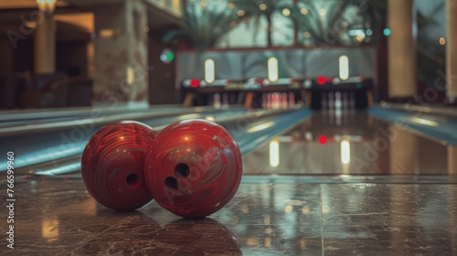 Two red bowling balls on a bowling alley, perfect for sports and recreation themes