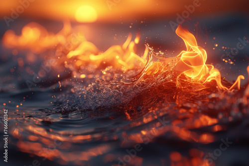 Flames dancing on the surface of frigid waters, showcasing the intricate choreography of fire and ice. Concept of elemental harmony. Generative Ai. © Sebastian