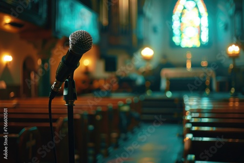 A microphone placed in front of a church, suitable for religious events photo